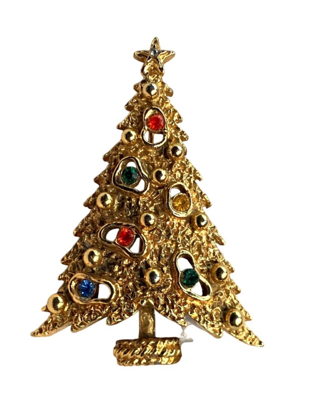 Gold Tone Christmas Tree Pin Brooch Multicolor Rhinestones Star Accent Signed